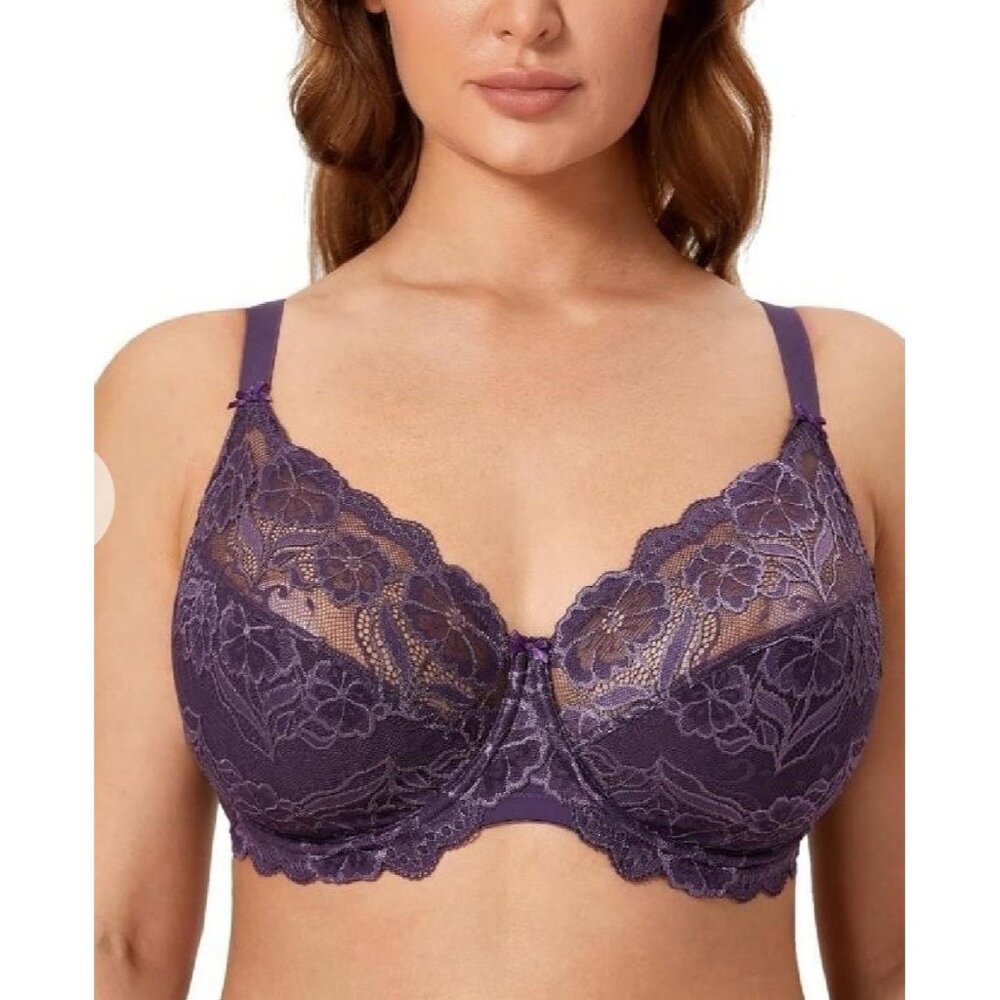 DELIMIRA Women's Full Coverage Non-Foam Floral Lace Plus Size Underwired Bra 34E